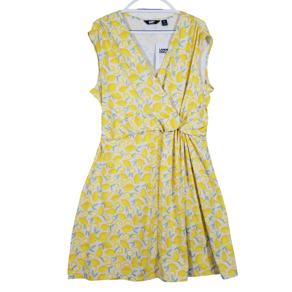 Lands‎ End Lemon Print Faux Wrap Dress XL 18 Yellow Gingham Sleeveless  NEW